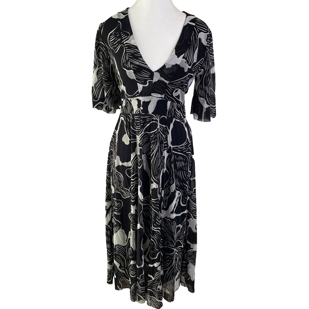Fuzzi‎ Dress L Black White Floral Flutter Sleeve Babydoll Whimsigoth Vtg Italy